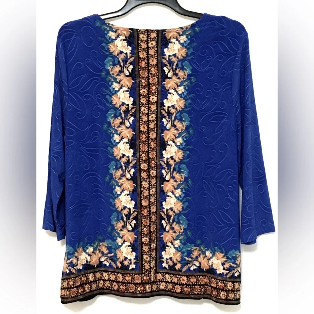 JM Collection Jacqaurd Petite PXL Lazulite Blue Combo 3/4 Sleeve Scoop Neck Top - Picture 7 of 7